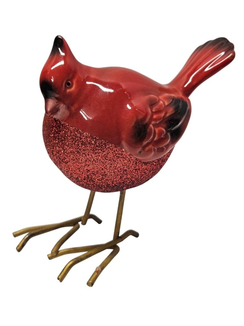 Red Cardinal Bird Figurine Ceramic w/ Metal Legs Glitter Belly 4" Decor